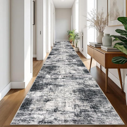 IOHOUZE Abstract Runner Rug 3x20 Ft Extra Long Washable Runners for Hallways, Non Slip Kitchen Runner Printed Faux Wool Entryway Runner Indoor, Modern Abstract Floor Carpet for Hall Stair, Black Grey