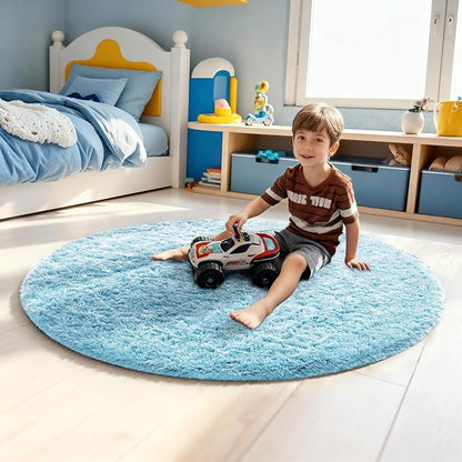 Ophanie Round Rug 4Ft Light Blue Circle Area Rugs, Fluffy Fuzzy Small Bedroom Carpet 4 Foot, Plush Shag Floor Living Room Christmas Circular Aesthetic Home Decor for Kids Teen Boys Baby, Nursery