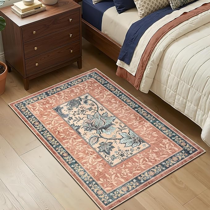 GarveeHome Terracotta Teal 2x3 Door Mat Indoor Rugs for Entryway Provence Small Botanical Grove Cottage core Washable Non-Slip Low-Pile Rug for Bedroom Bathroom Entrance TPE Backing