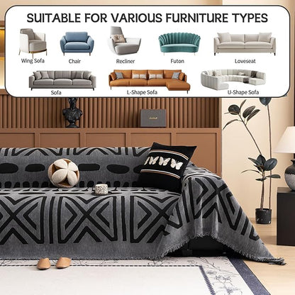 HANDONTIME Boho Couch Cover Blanket Geometric Striped Pet Covers for Couches and Sofas Dark Grey and Black Dog Cover for Couch Pet Friendly Chenille Sectional Sofa Covers for Pets Washable, 71" X134"