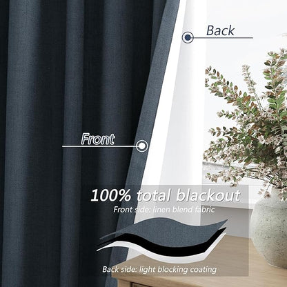 Guken 100% Blackout Linen Curtains 96 Inch Length 2 Panels Set for Living Room Bedroom Back Tab Thermal Insulated Black Out Linen Drapes Room Darkening Window Curtains,Vintage Blue