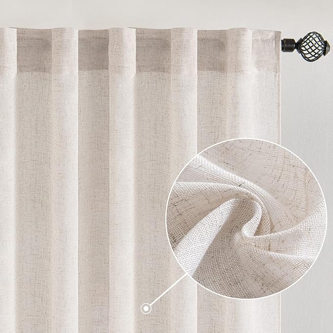 MIULEE White Linen Curtains 90 Inch Long 2 Panels Set for Bedroom Living Room, Soft Thick Linen Textured Window Drapes Semi Sheer Light Filtering Rod Pocket Back Tab Burlap Look Farmhouse Decor