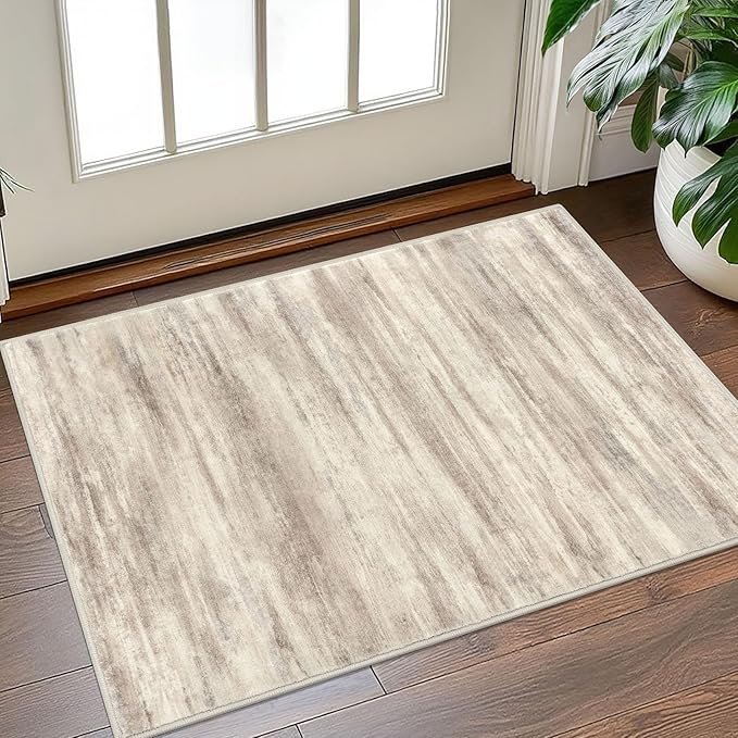 KOZYFLY Modern Abstract Rugs for Entryway 2x3, Washable Kitchen Rug Non-Slip Soft Small Bathroom Rug, Beige Brown Striped Small Area Rugs Print Faux Wool Doormat for Bedside Entrance Bedroom Sink