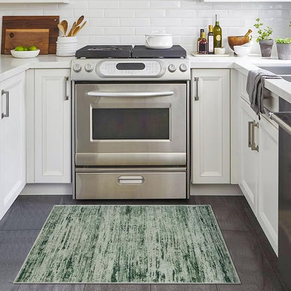 Lansny Modern Abstract Entryway Rug Indoor 2x3 Washable Rug Non-Slip Soft Small Area Rug Forest Green Kitchen Mats Thin Print Faux Wool Floor Carpet Throw Rugs for Entrance Bedroom