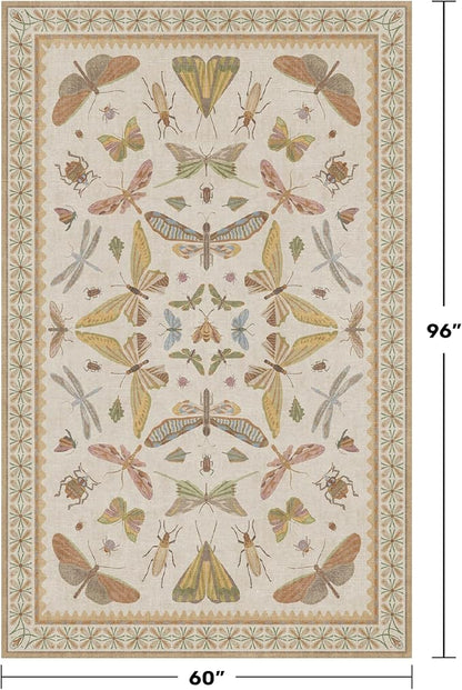 Hazo Haus Washable Neutral Area Rug Living Room, 5x8 Washable Rugs for Bedroom Under Bed, Nursery Room, Boho Vintage Insect Butterfly Non-Slip Low Pile Stain Resistant - Beige/Yellow