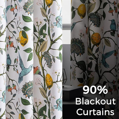 Topfinel White Pretty Pioneer Woman Blackout Curtains 63 Inches Length 2 Panels, Aesthetic Retro Botanical Floral Hummingbird Printed Soundproof Grommet Drapery Treatment for Nursery Kid Classroom