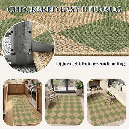 Lahome Colette Checkered Green Runner Rug, 2x8 Carpet Runners for Hallway 8ft Non Slip Entryway Rug, Farmhouse Checkerboard Non Shedding Kitchen Mats for Floor Laundry Corridor