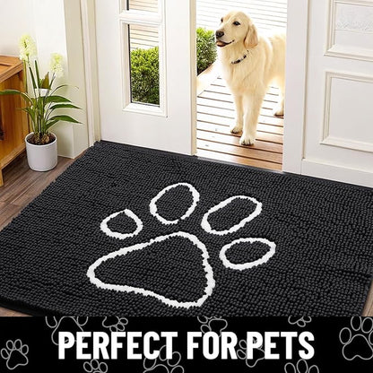Smiry Dog Door Mat for Muddy Paws, Absorbent Dirt Trapper Non Slip Quick Dry Washable Chenille Mat for Mud Dogs, Entry Rug for Indoor and Outdoor (44x24 Inches, Black and White)