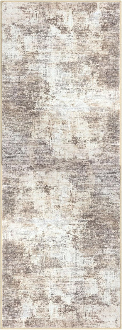 IOHOUZE Abstract Runner Rug 3x8 Ft Washable Runners for Hallways, Non Slip Kitchen Runner Printed Faux Wool Entryway Runner Indoor, Modern Abstract Floor Carpet for Hall Kitchen Bedroom, Beige Brown