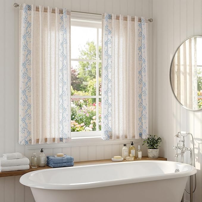jinchan Evelyn Embroidered Linen Curtains 63 inch Floral Curtains for Living Room Bedroom Farmhouse Cottagecore Semi Sheer Light Filtering Window Drapes Rod Pocket Back Tab 2 Panels W50 x L63 Blue