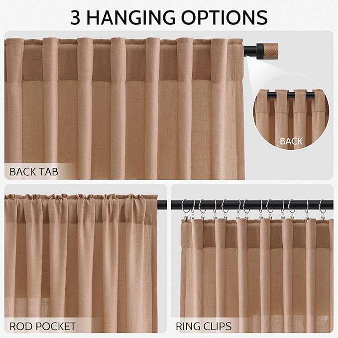 Nanspring Peach Linen Curtains 96 Inches Long Set for Baby Girl Bedroom Back Tab Rod Pocket Semi Sheer Light Filtering Drape for Bedroom Home Decor Protect Privacy 52x96,2 Panels