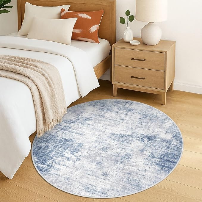IOHOUZE Round Area Rug 5 Ft Circle Entryway Rugs Round Washable Door Mat Indoor Entrance, Non Slip Circle Front Door Rug, Printed Abstract Faux Wool Floor Carpet for Foyer Porch Sink, Light Blue Grey