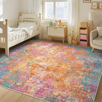 Washable Area Rugs 10'x14 Non-Slip Modern Abstract Soft for Living Room Entryway Bedroom Nursery, Print Pattern, Orange Blue Pink Yellow Colorful