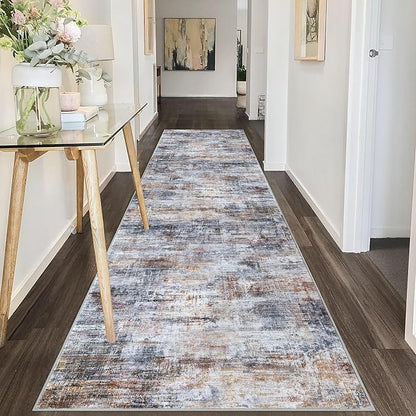 IOHOUZE Abstract Runner Rug 3x10 Ft Washable Runners for Hallways, Non Slip Kitchen Runner Printed Faux Wool Entryway Runner Indoor, Modern Abstract Floor Carpet for Hall Bedroom, Orange Grey