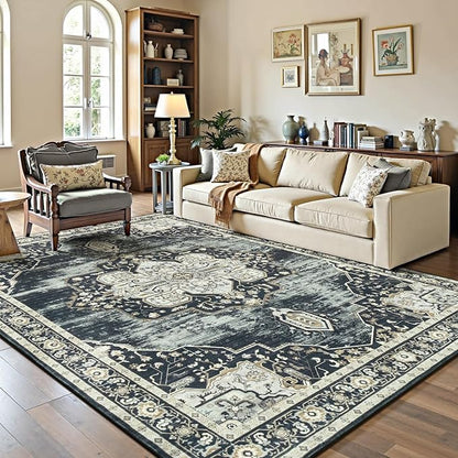 Lofus 5x7 Washable Area Rug, Vintage Floral Rugs for Living Room, Bedroom, Dinning Room, Low Pile Large Area Rugs with Non-Slip Backing, Flower Print Pattern, Black Brown