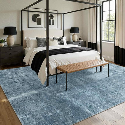 Latte&Fog 10x14 Area Rug for Living Room, Extra Large Blue Modern Abstract Washable Rugs, Boho Non Slip Low Pile Carpet for Indoor Bedroom Dining Room, Office, Dorm, Classroom and Farmhouse - Blue