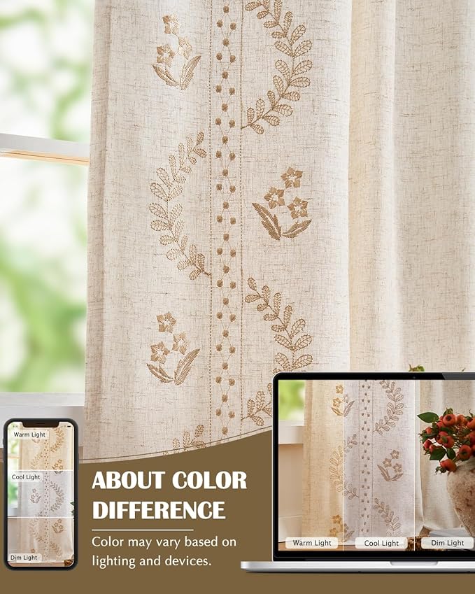 jinchan Belrose Lined Linen Blend Curtains Boho Floral Curtains for Bedroom 63 Inch Length Beige Embroidered Drapes Rod Pocket Farmhouse Flower Drapes for Living Room Window Treatments Set 2 Panels