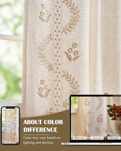 jinchan Belrose Lined Linen Blend Curtains Boho Floral Curtains for Bedroom 63 Inch Length Beige Embroidered Drapes Rod Pocket Farmhouse Flower Drapes for Living Room Window Treatments Set 2 Panels