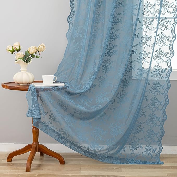 YJ YANJUN Vintage Lace Curtains 63 Inch Length-Victorian Floral Pattern Stone Blue Sheer Curtains for Boys Bedroom Privacy Summer Beach Themed Ocean Coastal Room Decor 2 Panles W52 X L63 Dusty Blue