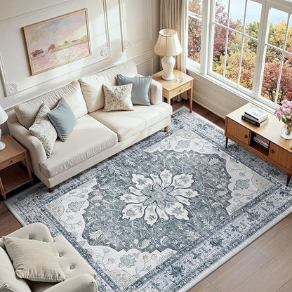 RELEANY Area Rugs 6'x9' Washable Non-Slip, Floral Vintage Distress Print Pattern Medallion Carpet for Living Room Bedroom Dining Room, Light Gray Grey White