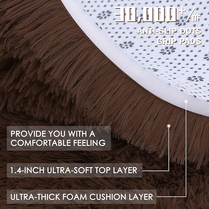 OLANLY Coffee Round Rugs for Bedroom - Machine Washable, 3 ft Circle Area Rugs for Living Room, Soft and Fluffy Shaggy Carpet for Teen Girls and Boys, Nursery Rooms, Dorms, Home Decor Aesthetic