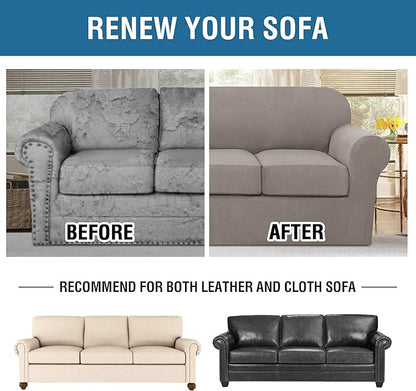 H.VERSAILTEX 4 Piece Stretch Sofa Covers for 3 Cushion Couch Covers for Living Room Furniture Slipcovers (Base Cover Plus 3 Seat Cushion Covers) Upgraded Thicker Jacquard Fabric (Sofa, Taupe)