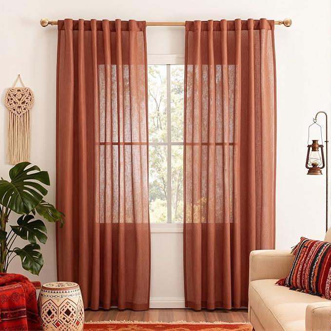 MYSKY HOME Curtains for Living Room 84 Inches Long Light Filtering Semi Sheer Curtains Bedroom Window Drapes Privacy Back Tab Farmhouse Rustic Boho Modern Country, Terracotta, 50" x 84", 2 Panels