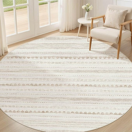 Nakagishi Round Rug Boho Area Rugs: 4x4 Washable Large Circle Neutral Soft Stain Resistant Non-Slip Carpet for Women Aged 25-45 Farmhouse Decor Enthusiasts - Living Room Bedroom Dining Room Nursery