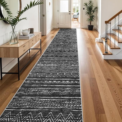 Ksrau 3x20 Runner Rug Washable - Extra Long Non-Slip Modern Runners for Hallway Soft Moroccan Low Pile Indoor Floor Mat for Living Room Kitchen Waterproof Geometric Runner Rugs Entryway 3x20 Black