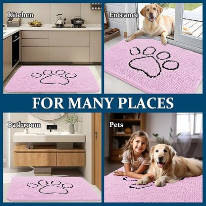OLANLY Dog Door Mat for Muddy Paws 48x30, Paw Print Design, Absorbs Moisture and Dirt, Absorbent Non-Slip Washable Doormat, Quick Dry Chenille Mud Mat for Dogs, Entry Indoor Entryway Carpet, Pink