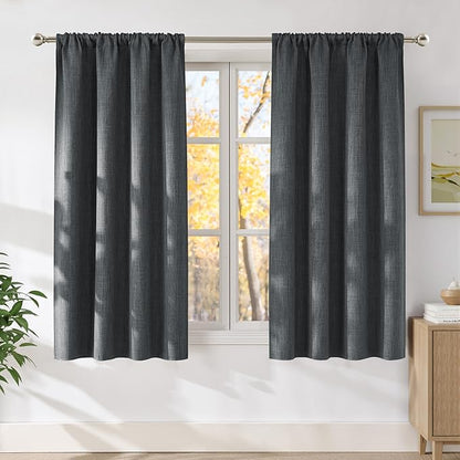 NICETOWN Charcoal Gray Faux Linen Room Darkening Rod Pocket Curtains 63 inch Length, W42 x L63, Light Blocking Thermal Insulated Noise Reducing Drapes for Bedroom Living Room Farmhouse Decor, 2 Panels