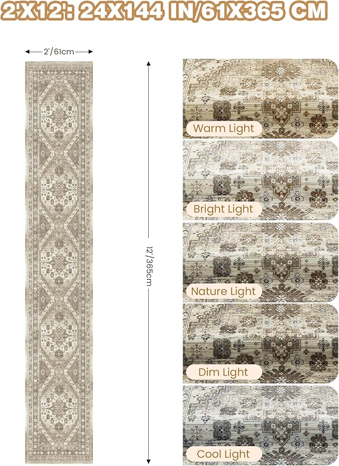 Hallway Runner Rug 2x12, Extra Long Washable Runner Rugs with Rubber Backing, Non Slip Runner, Vintage Rug Runners for Kitchen Laundry Room Entryway (Brown,2'x12')