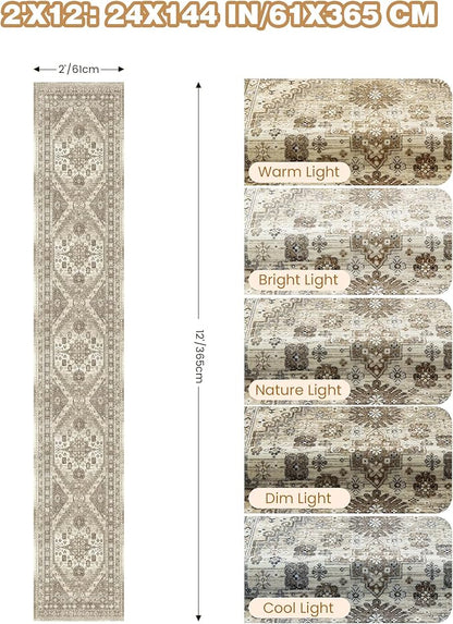 Hallway Runner Rug 2x12, Extra Long Washable Runner Rugs with Rubber Backing, Non Slip Runner, Vintage Rug Runners for Kitchen Laundry Room Entryway (Brown,2'x12')