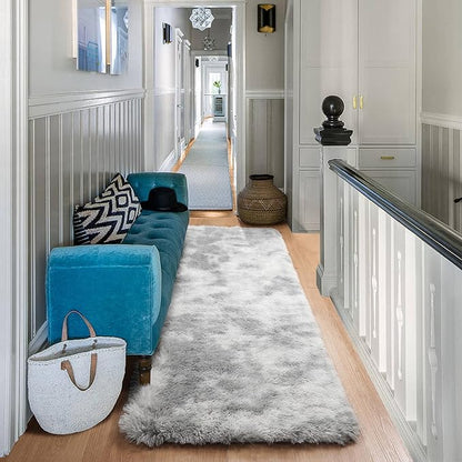 ONASAR 2x6 Runner Rugs for Bedroom Living Room, Fluffy Tie-Dyed Light Grey Bedside Hallway Throw Area Rug, Ultra Soft Plush Furry Floor Carpet Mat for Nursery Kids Dorm Closet Home Decor