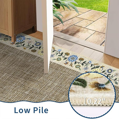 GarveeHome 4x6 Area Rugs for Bedroom Living Room Machine Washable Rugs Floral Bordered Small Carpet Non-Slip Stain Resistant Accent Carpet for Dining Room Table Apartment Office, Dark Camel