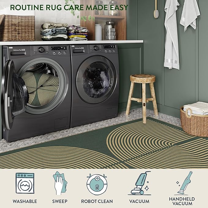 Lahome Enfys Modern Rainbow Easy Jute Kitchen Runner, 2x8 Indoor Outdoor Runner Rug for Hallway Entryway, Farmhouse Dark Green Non Slip Floor Carpet for Bedroom Foyer Laundry Room