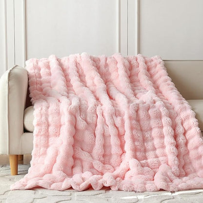 COOVA Faux Fur Throw Blanket for Couch, Cozy Soft and Fuzzy Plush Rabbit Fur Bubble Blanket for Sofa Bedroom Living Room, 50x60 Inches Light Pink