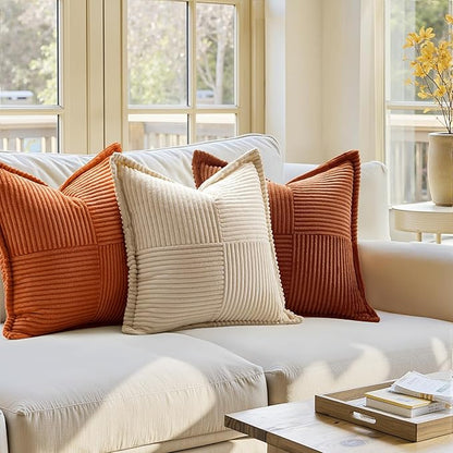 MIULEE Dark Rust Decorative Throw Pillow Covers for Couch Bed Livingroom 18x18 Inch Set of 2 Boho Accent Throw Pllows Broadside Striped Patchwork Soft Corduroy Pillowcases