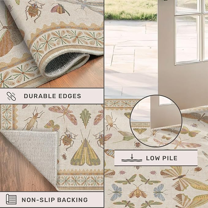 Hazo Haus Boho 2x5 Long Bathroom Rug - Laundry Room Rug Runner for Kitchen, Washable Non Slip Soft Stain Reistant Beige and Yellow Neutral Insect Design Decor