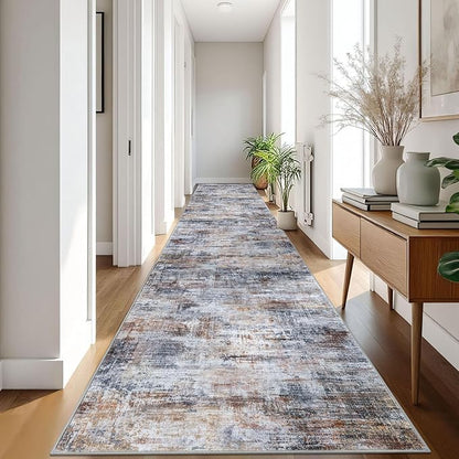 IOHOUZE Abstract Runner Rug 3x18 Ft Washable Runners for Hallways, Non Slip Kitchen Runner Printed Faux Wool Entryway Runner Indoor, Modern Abstract Floor Carpet for Hall Stair, Orange Grey