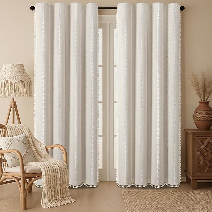 Boho 80% Blackout Curtains with Gray Liner 90 Inches Long 2 Panels Set, Beige Linen Blend Drapes with Tassels and Cotton Embroidered for Living Room Bedroom