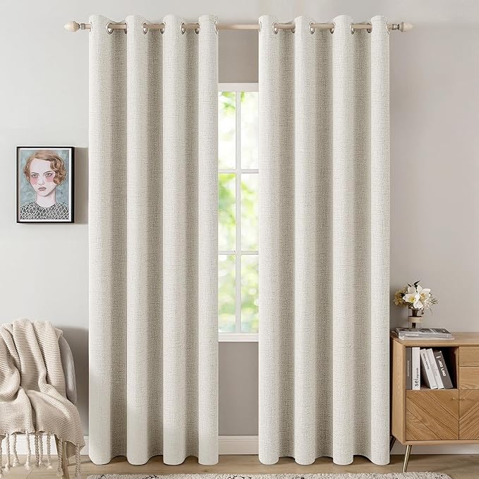 MIULEE Linen Texture Curtains for Bedroom Solid 100% Blackout Thermal Insulated Linen Beige Curtains Grommet Room Darkening Drapes for Living Room Nursery 52x84 Inch (2 Panels)