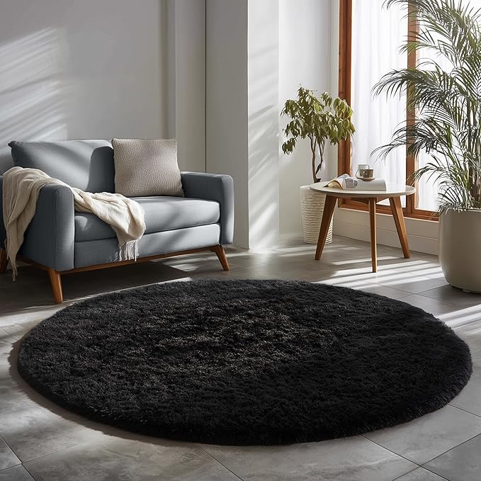 Black Round Rug 6Ft for Bedroom Aesthetic, Fluffy Plush Circle Area Rugs for Living Room, Large Big Fuzzy Modern Cool Carpet for Baby Kids Teen Boys Mens, Office Playroom Nursery Apartment Home Decor