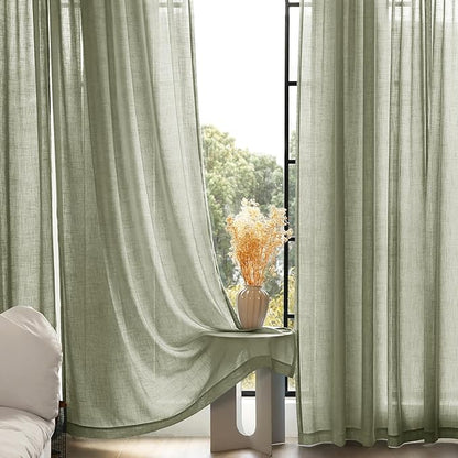 Linen Blend Sage Green Curtains 84 inch Length 2 Panels for Bedroom Back Tab Light Filtering Semi Sheer Drapes Linen Cotton Textured Light Green Airy Modern Farmhouse Living Room Sage Aesthetic Decor