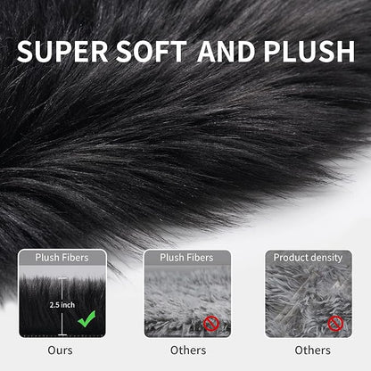 Faux Fur Rug for Bedroom, Fluffy Runner Rugs Soft Sheepskin Rug Sofa Couch Seat Cushion, 2x6ft Black Plush Area Rug Shag Rugs Floor Carpets for Nursery Bedside, Cute Shaggy Fuzzy Home Decor