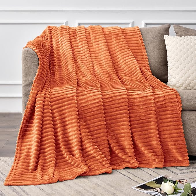 BEDELITE Fall Throw Blanket for Couch - 3D Ribbed Jacquard Soft & Warm Decorative Burnt Orange Blanket, Cozy, Plush, Fluffy, Fuzzy Fleece Throw Blanket for Bed, Sofa 50x60Inches
