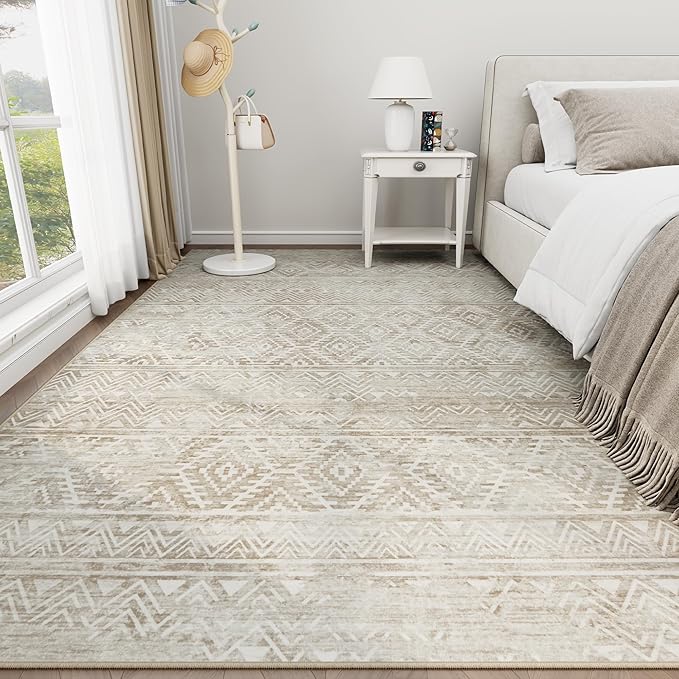 6x9 Area Rugs Washable Rug: Anti-Skid Abstract Modern Living Room Rug Soft Thin Carpets Indoor Floor Non-Shedding Carpet for Bedroom Dining Farmhouse Nursery Home Office (Beige/Light Brown, 6'x9')