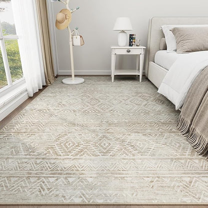 6x9 Area Rugs Washable Rug: Anti-Skid Abstract Modern Living Room Rug Soft Thin Carpets Indoor Floor Non-Shedding Carpet for Bedroom Dining Farmhouse Nursery Home Office (Beige/Light Brown, 6'x9')