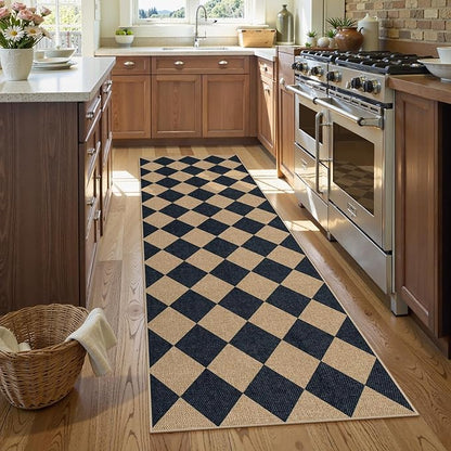 Lahome Colette Checkered Easy Jute Runner Rug, 2x8 Hallway Kitchen Runner Rug Non Slip Washable Outdoor Carpet for Entryway Indoor, Checkerboard Black Indoor Outdoor Carpet for Hallway 8ft Entry