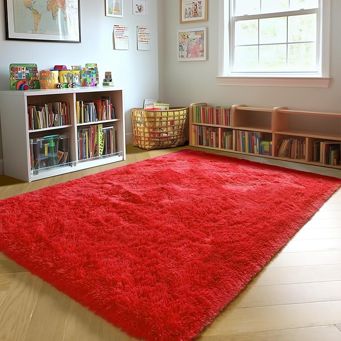 ONASAR Red Rugs for Living Room Bedroom, 5x8 Fluffy Bedside Area Rug, Soft Plush Shaggy Indoor Floor Carpet for Nursery Kids Girls Boys Teen Dorm Home Office Decor Aesthetic
